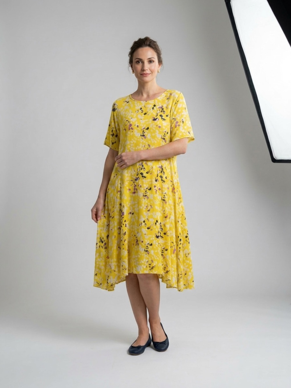 Woman Within Yellow Floral Short-Sleeve Midi Dress